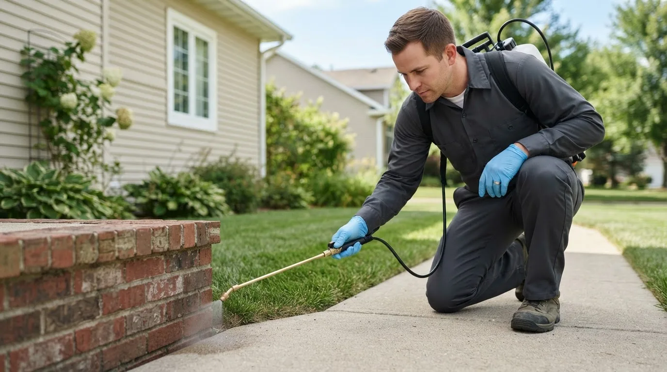 Pest control technician treating a home near Jones, MI