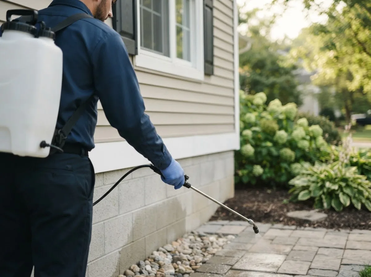 Pest control technician inspecting a home in Jones, MI